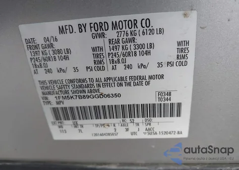 2016 Ford Explorer z USA, uszkodzony, nr VIN 1FM5K7B89GGD06350
